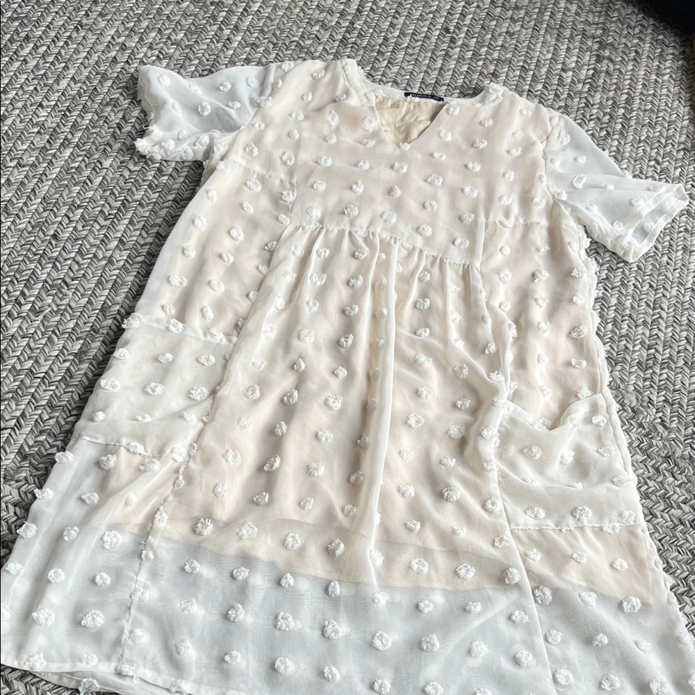 Women’s Ivory Swiss Dot Midi Dress - Lightweight V-Neck